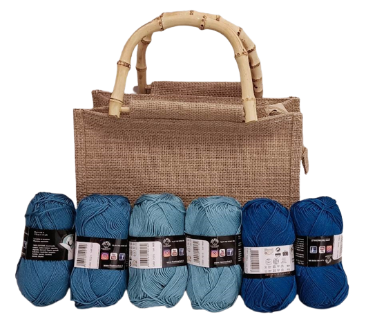Kit borsa juta con gomitoli di cotone. Tutte le misure