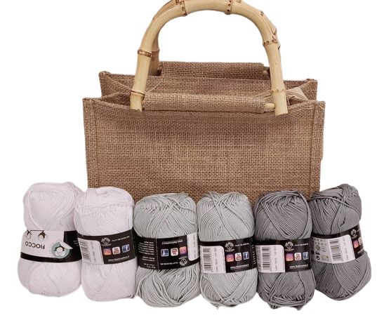 Kit borsa juta con gomitoli di cotone. Tutte le misure
