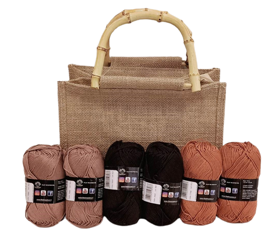 Kit borsa juta con gomitoli di cotone. Tutte le misure