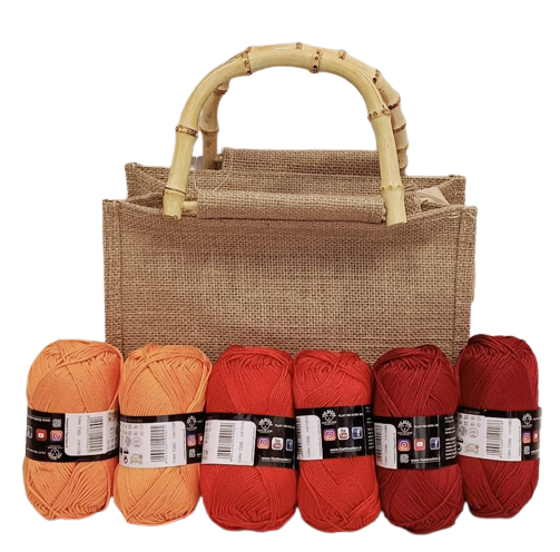Kit borsa juta con gomitoli di cotone. Tutte le misure
