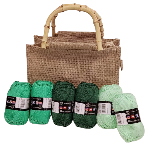 Kit borsa juta con gomitoli di cotone. Tutte le misure