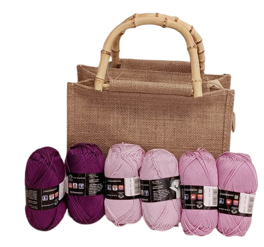 Kit borsa juta con gomitoli di cotone. Tutte le misure