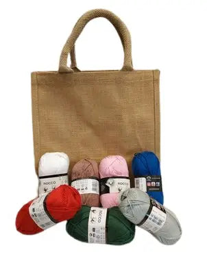 Kit borsa juta con gomitoli di cotone. Tutte le misure