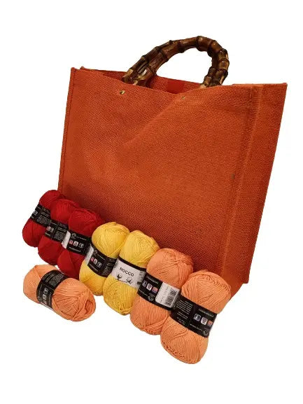 Kit borsa juta con gomitoli di cotone. Tutte le misure