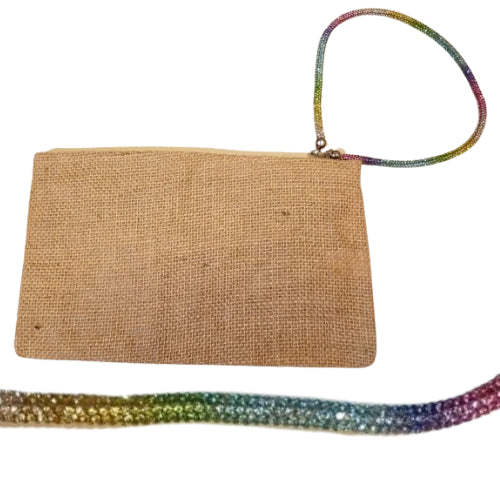 Pochette juta con zip e polsiera brillante