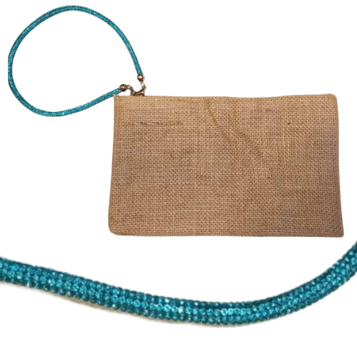 Pochette juta con zip e polsiera brillante