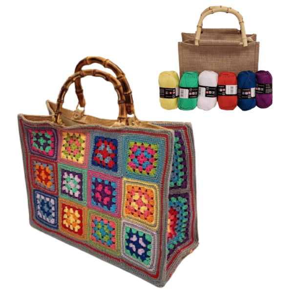 Kit borsa juta con gomitoli di cotone. Tutte le misure