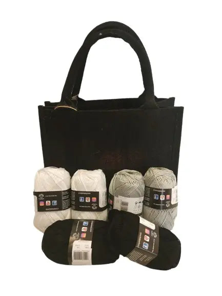 Kit borsa juta con gomitoli di cotone. Tutte le misure