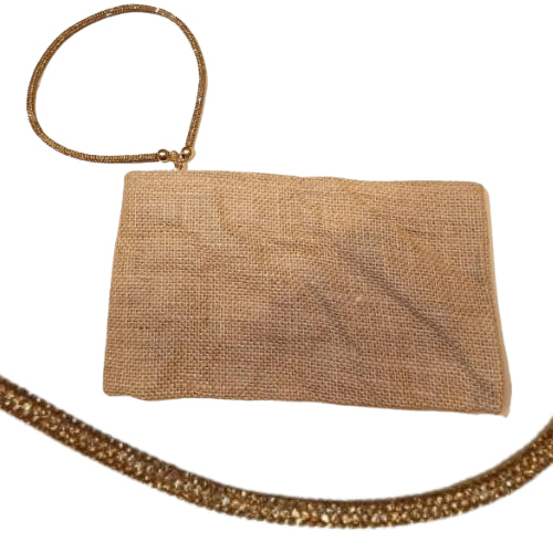 Pochette juta con zip e polsiera brillante