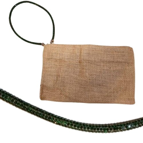Pochette juta con zip e polsiera brillante